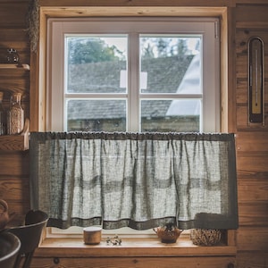 Gray Green Linen Café Curtain - Rustic Kitchen Curtain, Rod Pocket Window Panel, Farmhouse Decor, Cottage Style, Semi-Privacy Linen Curtain.
