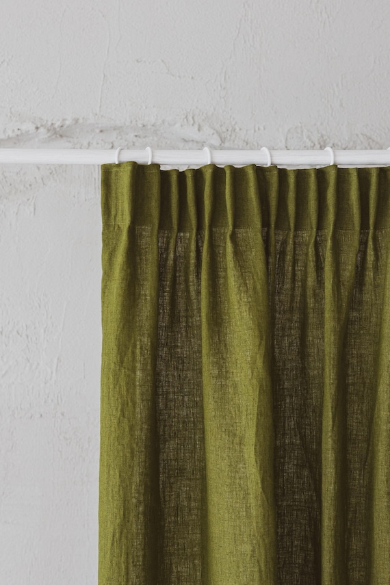 Pencil Pleat Linen Curtain – Moss Green Window Panel, Natural Washed Linen Drapery, Custom Size Curtain for Living Room, Bedroom or Kitchen.