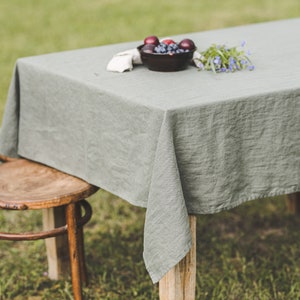 Linen tablecloth in gray green, Farm style tablecloth, Softened linen tablecloth, Custom linen tablecloth, Country style linen tablecloth. image 3