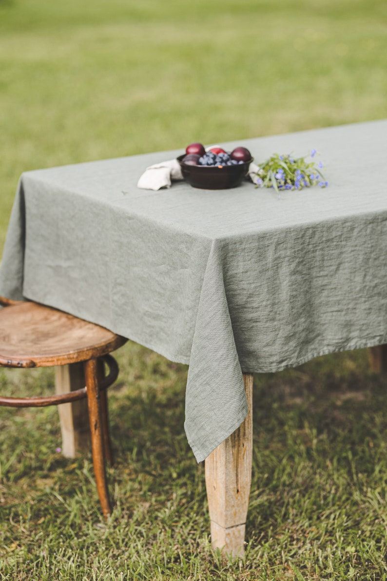 Linen tablecloth in gray green, Farm style tablecloth, Softened linen tablecloth, Custom linen tablecloth, Country style linen tablecloth. image 3