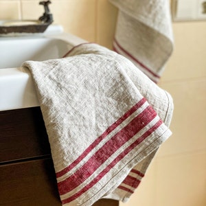 French style linen towels set of 2, Linen kitchen towels with loop, Thick linen hand towels, Rustic linen tea towels in various colors. image 2