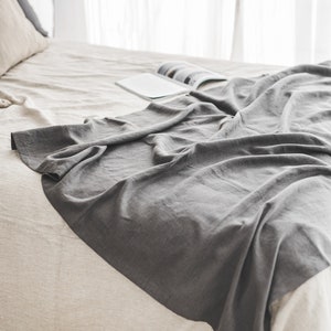 以下が含まれることがあります： ベージュのリネンベッドスプレッドの上にかけられたグレーのリネン製の毛布。毛布は折り畳まれており、柔らかく、質感のある外観をしています。