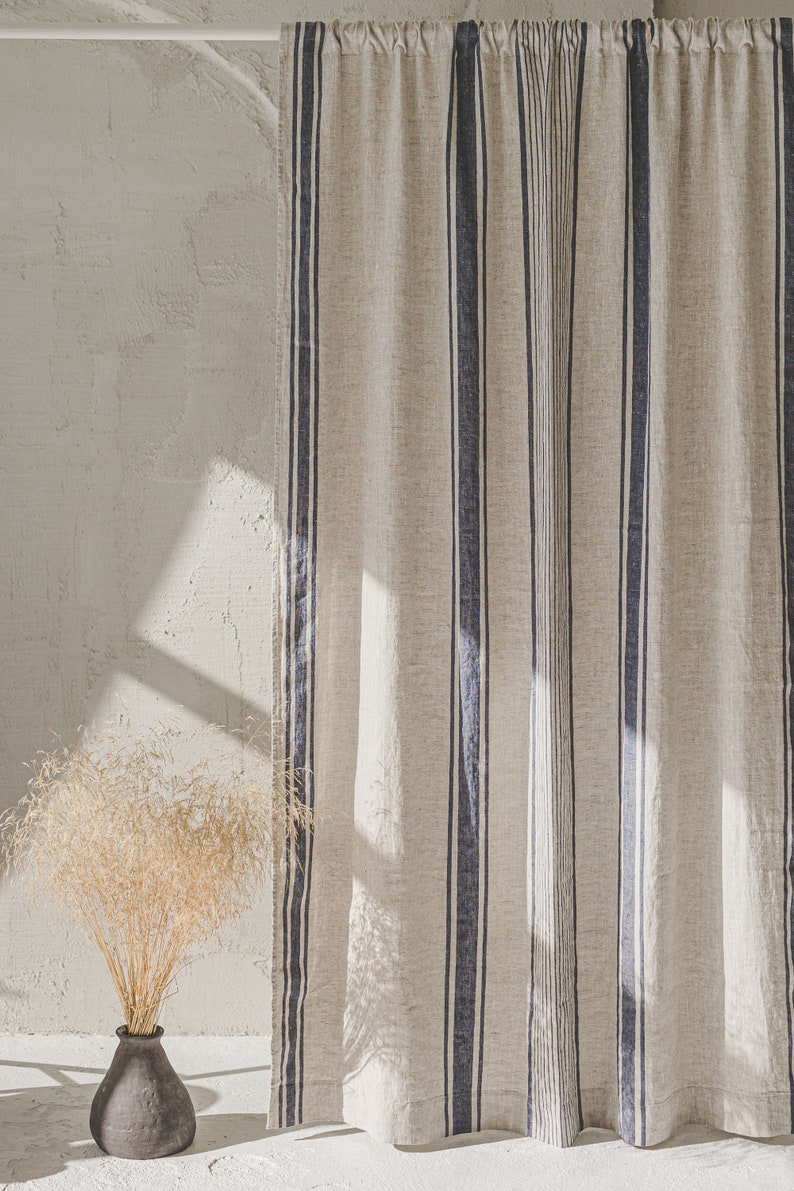 French style linen curtain with cherry red stripes, Natural heavyweight linen curtain, Farmhouse rustic linen curtain, Rod pocket curtain. image 8