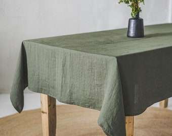 Forest green linen tablecloth, Farmhouse natural linen tablecloth, Rectangle, square tablecloth, Linen tablecloth for special occasions.