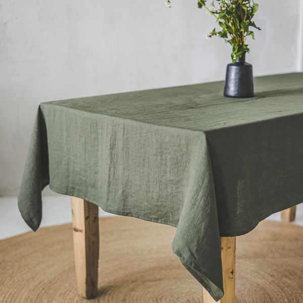 Forest green linen tablecloth, Farmhouse natural linen tablecloth, Rectangle, square tablecloth, Linen tablecloth for special occasions.
