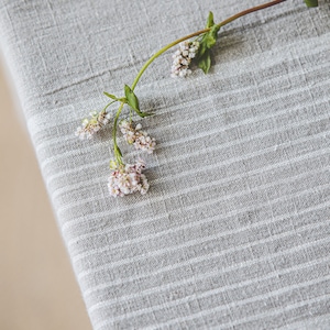 May include: A sprig of delicate white flowers with green leaves on a gray linen tablecloth with white stripes.