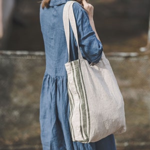 Natural linen tote bag with cherry red stripes, French style linen shoulder bag, Handmade linen summer bag, Thick linen shopping bag. Green stripes