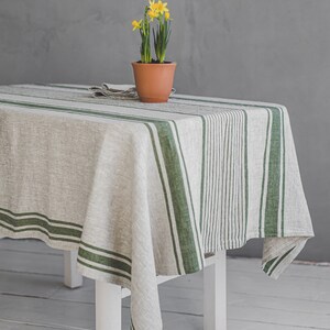 Striped linen tablecloth, French style linen tablecloth, Washed heavyweight linen tablecloth, Vintage linen tablecloth in various colors. Green stripes