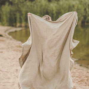 Natural linen beach blanket, Undyed linen summer blanket, Linen picnic blanket, Natural throw blanket, Camping linen blanket, Linen plaid. image 3