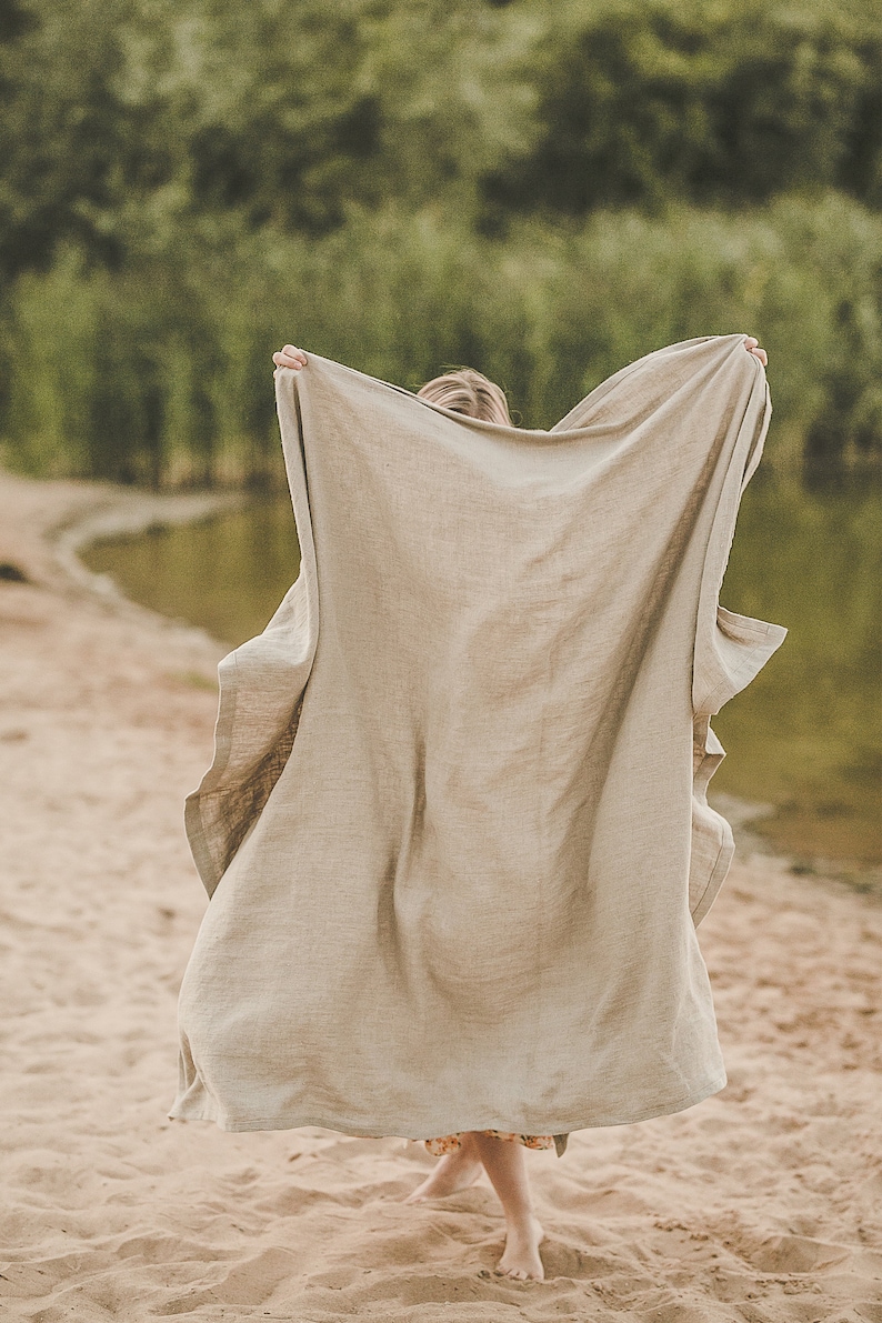 Natural linen beach blanket, Undyed linen summer blanket, Linen picnic blanket, Natural throw blanket, Camping linen blanket, Linen plaid. image 3