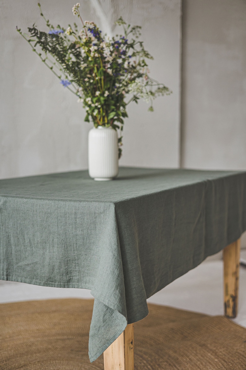 Linen tablecloth in gray green, Farm style tablecloth, Softened linen tablecloth, Custom linen tablecloth, Country style linen tablecloth. image 7