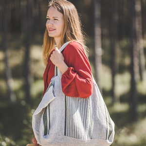 French style linen beach bag, Oversized linen bag, Linen beach bag with pockets, Natural linen summer bag, Large linen tote bag, Travel bag. Green stripes