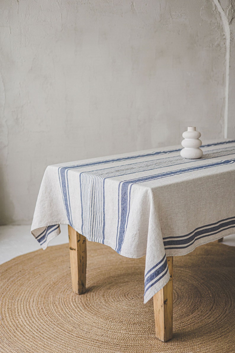 Striped linen tablecloth, French style linen tablecloth, Washed heavyweight linen tablecloth, Vintage linen tablecloth in various colors. image 4