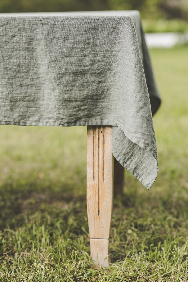 Linen tablecloth in gray green, Farm style tablecloth, Softened linen tablecloth, Custom linen tablecloth, Country style linen tablecloth. image 5