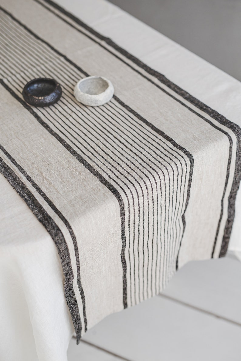 French style linen table runner, Striped linen table runner, Heavyweight natural linen table runner, Handmade washed linen table runner. image 5