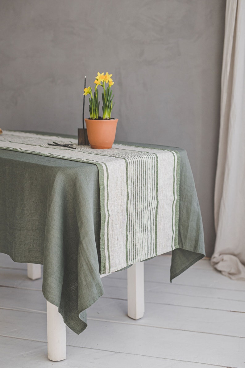 French style linen table runner, Striped linen table runner, Heavyweight natural linen table runner, Handmade washed linen table runner. Green stripes