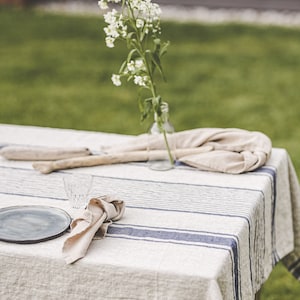 French style linen tablecloth, Washed natural linen tablecloth, Vintage linen tablecloth, Striped linen tablecloth in various colors. image 5