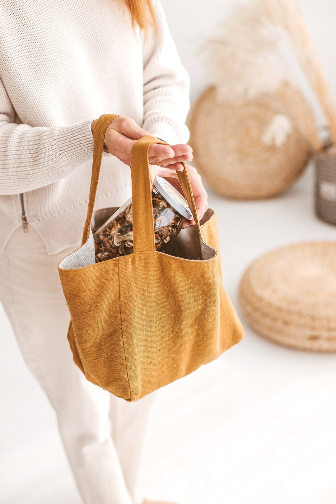 Small Linen Bag, Natural Linen Handbag, Camel Linen Bag, Zero Waste