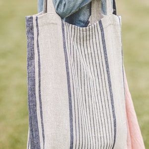 French style linen tote bag, Linen summer bag, Striped linen bag in various colors, Custom linen bag, Natural linen bag for women and men. image 3