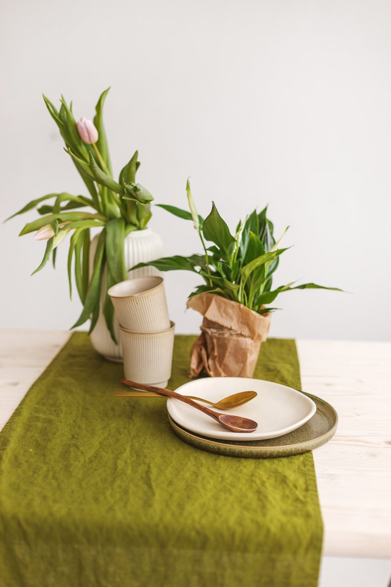 Linen table runner in moss green, Washed softened linen table runner, Handmade table runner, Natural linen table decor, Dining table runner. image 4