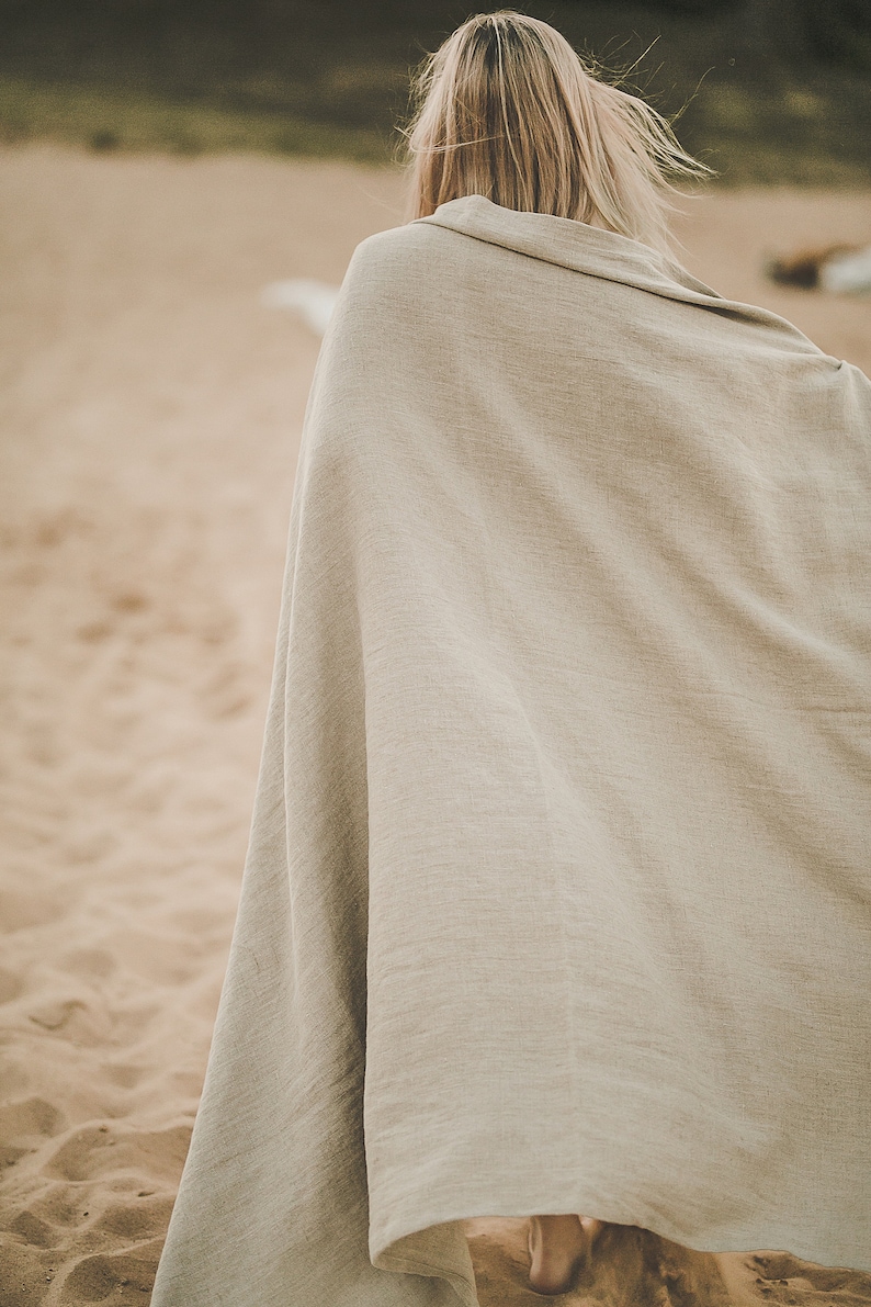 Natural linen beach blanket, Undyed linen summer blanket, Linen picnic blanket, Natural throw blanket, Camping linen blanket, Linen plaid. image 2