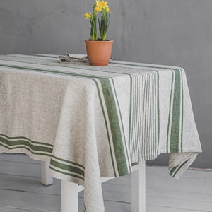French style linen tablecloth, Washed natural linen tablecloth, Vintage linen tablecloth, Striped linen tablecloth in various colors. Green stripes