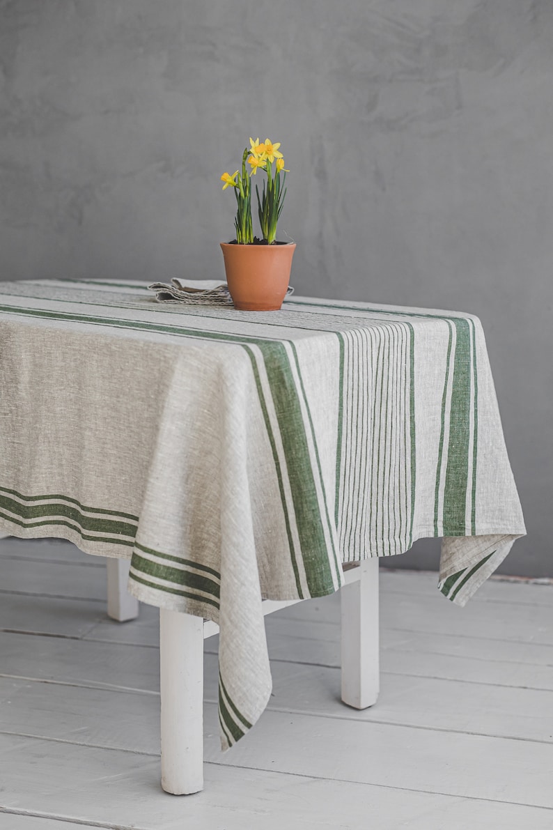 French style linen tablecloth, Washed natural linen tablecloth, Vintage linen tablecloth, Striped linen tablecloth in various colors. Green stripes