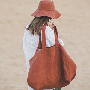 Forest green linen beach bag, Natural linen summer bag with lining, Oversized linen shoulder bag, Large handmade linen tote bag, Eco bag. image 8