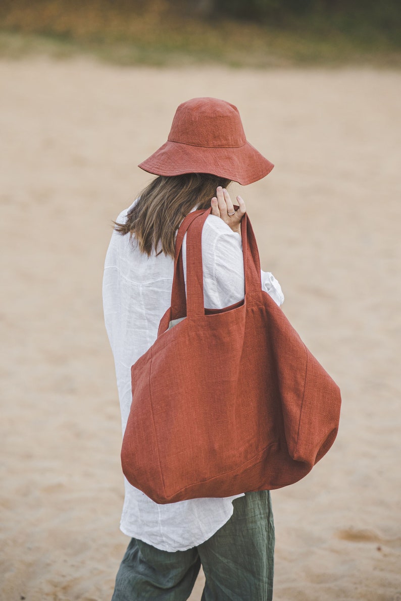 Forest green linen beach bag, Natural linen summer bag with lining, Oversized linen shoulder bag, Large handmade linen tote bag, Eco bag. image 8