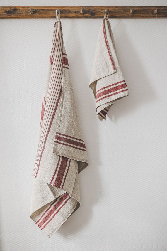 French Style Linen Towels, Farmhouse Striped Towels, Organic Linen Towels,  Heavy Weight Linen Towels, Rustic Linen Towels, Bath Towel Set. 