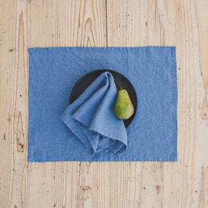 Denim blue linen napkins set, Washed linen napkins, Natural soft linen table napkins, Handmade soft linen napkins, Linen dinner napkins. image 1