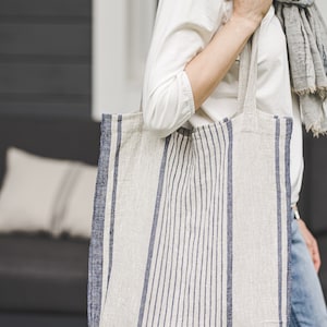 French style linen tote bag, Linen summer bag, Striped linen bag in various colors, Custom linen bag, Natural linen bag for women and men. image 4