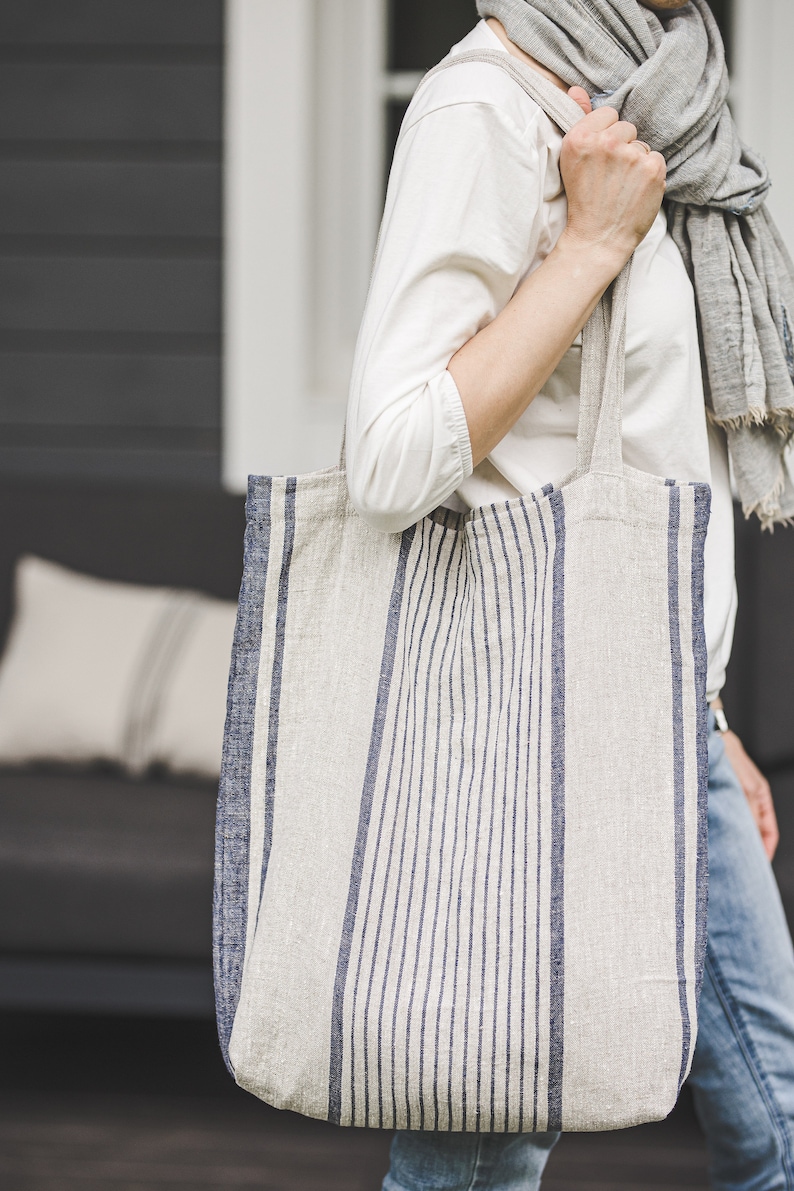 French style linen tote bag, Linen summer bag, Striped linen bag in various colors, Custom linen bag, Natural linen bag for women and men. image 4