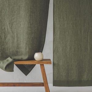 Forest Green Linen Noren Curtain, Handcrafted Japanese Room Divider, Elegant & Natural Home Decor, Eco-Friendly Linen Doorway Curtain. image 5