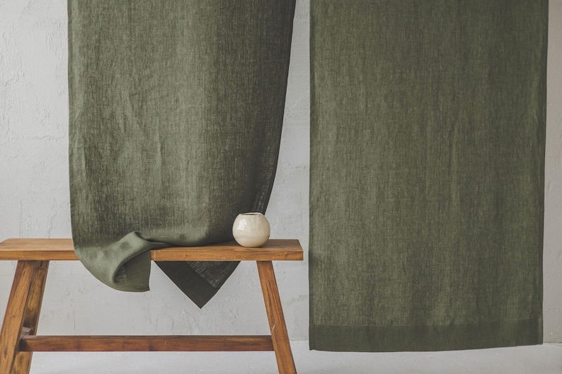 Forest Green Linen Noren Curtain, Handcrafted Japanese Room Divider, Elegant & Natural Home Decor, Eco-Friendly Linen Doorway Curtain. image 5