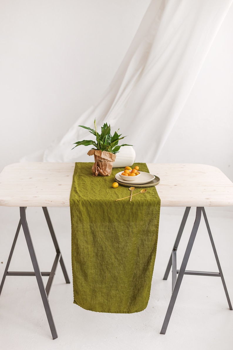 Linen table runner in moss green, Washed softened linen table runner, Handmade table runner, Natural linen table decor, Dining table runner. image 1