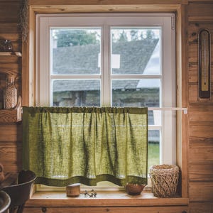 Moss Green Linen Café Curtain – 100% Natural Linen, Light-Filtering & Breathable, Farmhouse Style for Kitchen, Bathroom, or Small Windows.
