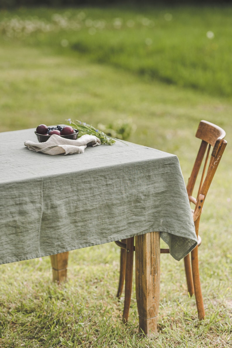 Linen tablecloth in gray green, Farm style tablecloth, Softened linen tablecloth, Custom linen tablecloth, Country style linen tablecloth. image 1