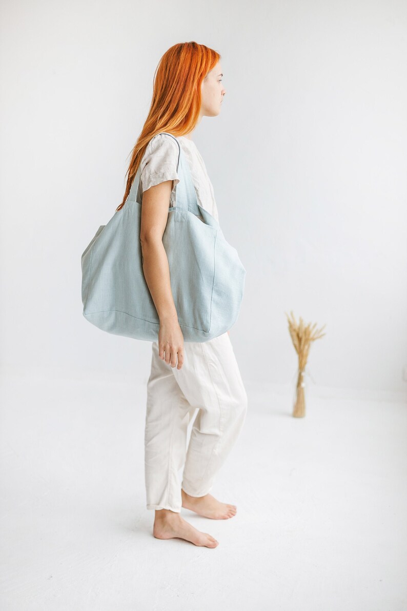 Ocean Linen Beach Bag Large Linen Bag in Sky Blue Natural Etsy