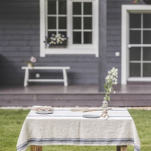 French style linen tablecloth, Washed natural linen tablecloth, Vintage linen tablecloth, Striped linen tablecloth in various colors. Blue stripes