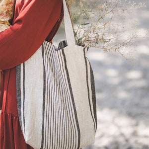 French style linen tote bag, Linen summer bag, Striped linen bag in various colors, Custom linen bag, Natural linen bag for women and men. Black stripes