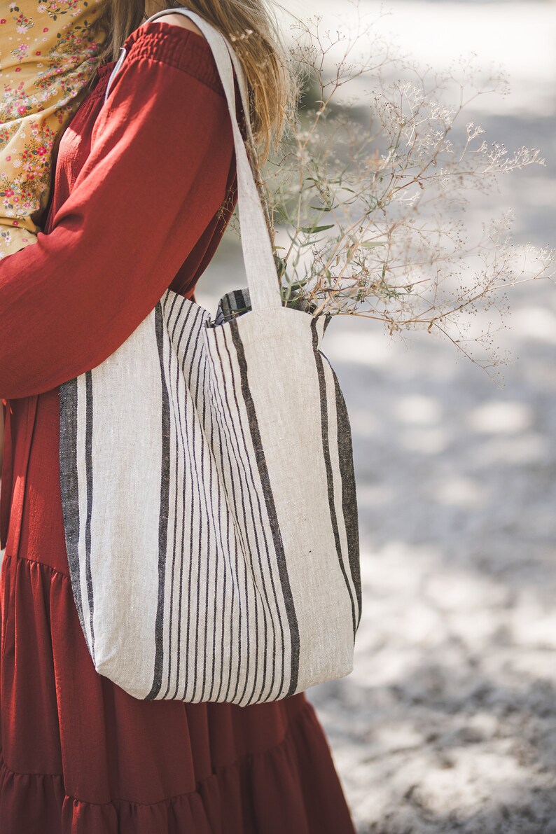 French style linen tote bag, Linen summer bag, Striped linen bag in various colors, Custom linen bag, Natural linen bag for women and men. Black stripes