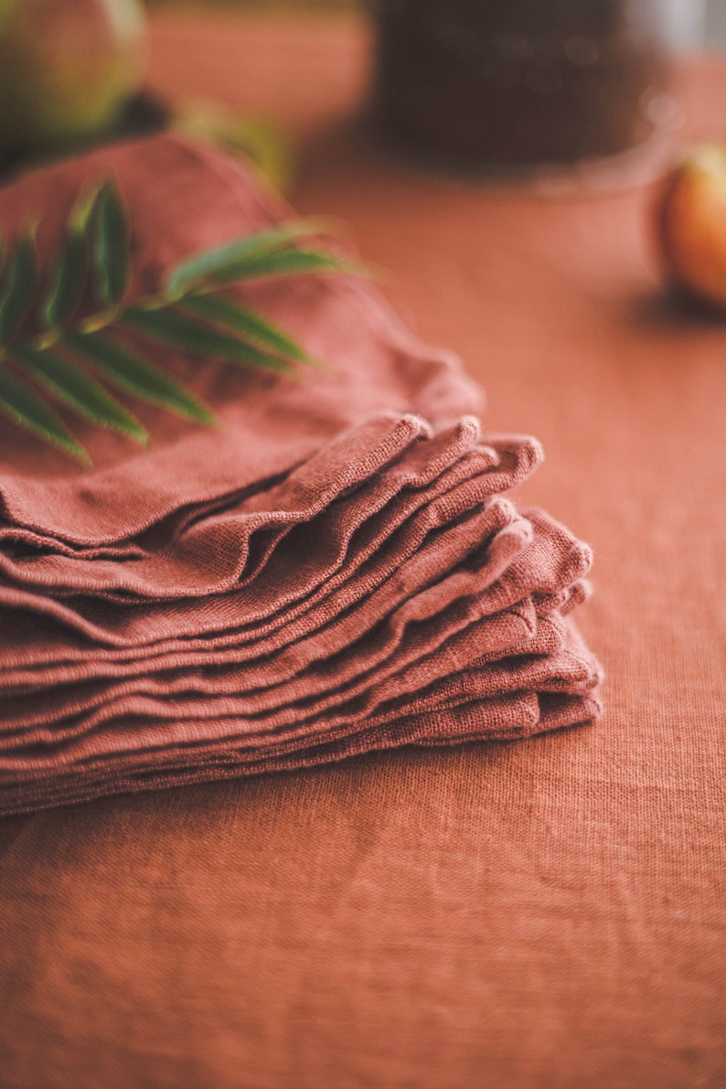 Natural linen napkins, Washed heavyweight linen napkins in various colors, Dining table napkins, Rustic linen napkins with mitered corners. Terracotta