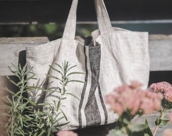 Borsa di lino in stile francese, Borsa di lino a righe, Piccola borsa di lino per donne e uomini, Borsa di lino a rifiuti zero, Borsa di lino in stile vintage, Borsa a rifiuti zero.