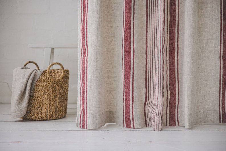 French style linen curtain with cherry red stripes, Natural heavyweight linen curtain, Farmhouse rustic linen curtain, Rod pocket curtain. image 1