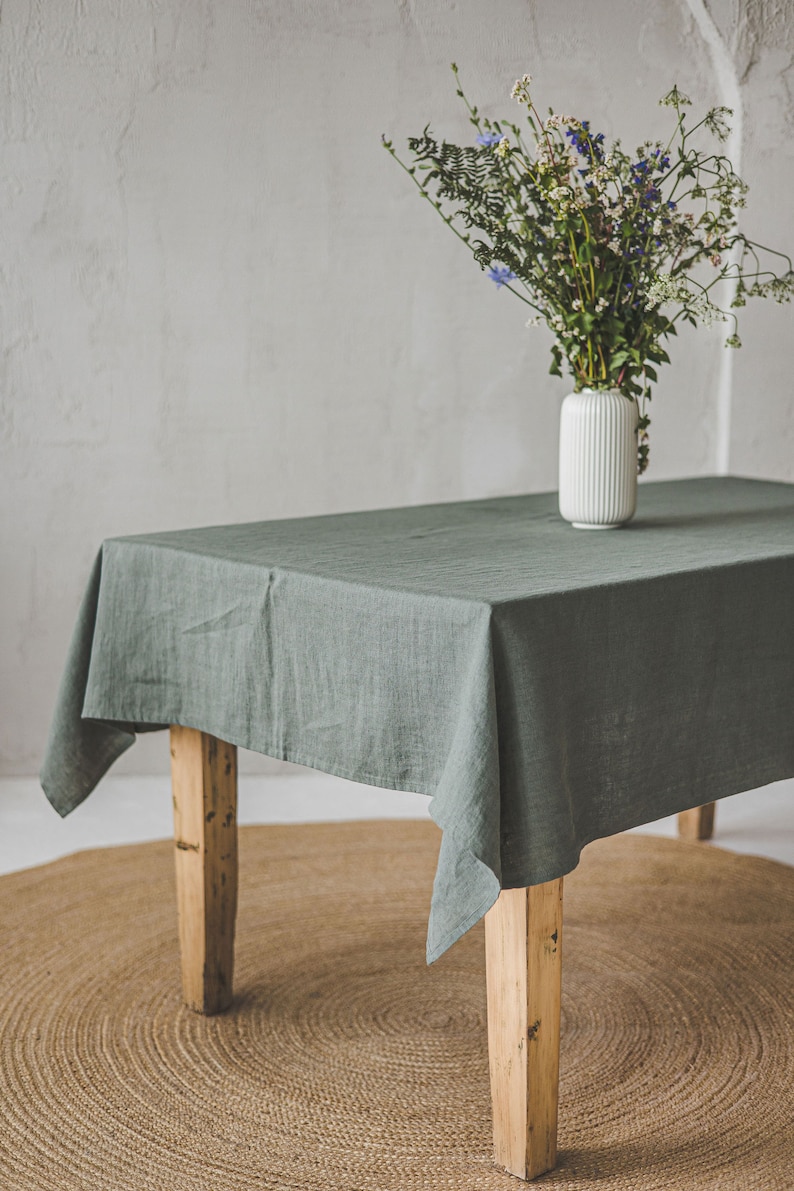 Linen tablecloth in gray green, Farm style tablecloth, Softened linen tablecloth, Custom linen tablecloth, Country style linen tablecloth. image 6