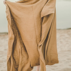May include: A brown linen throw blanket is held up in front of a sandy beach background.