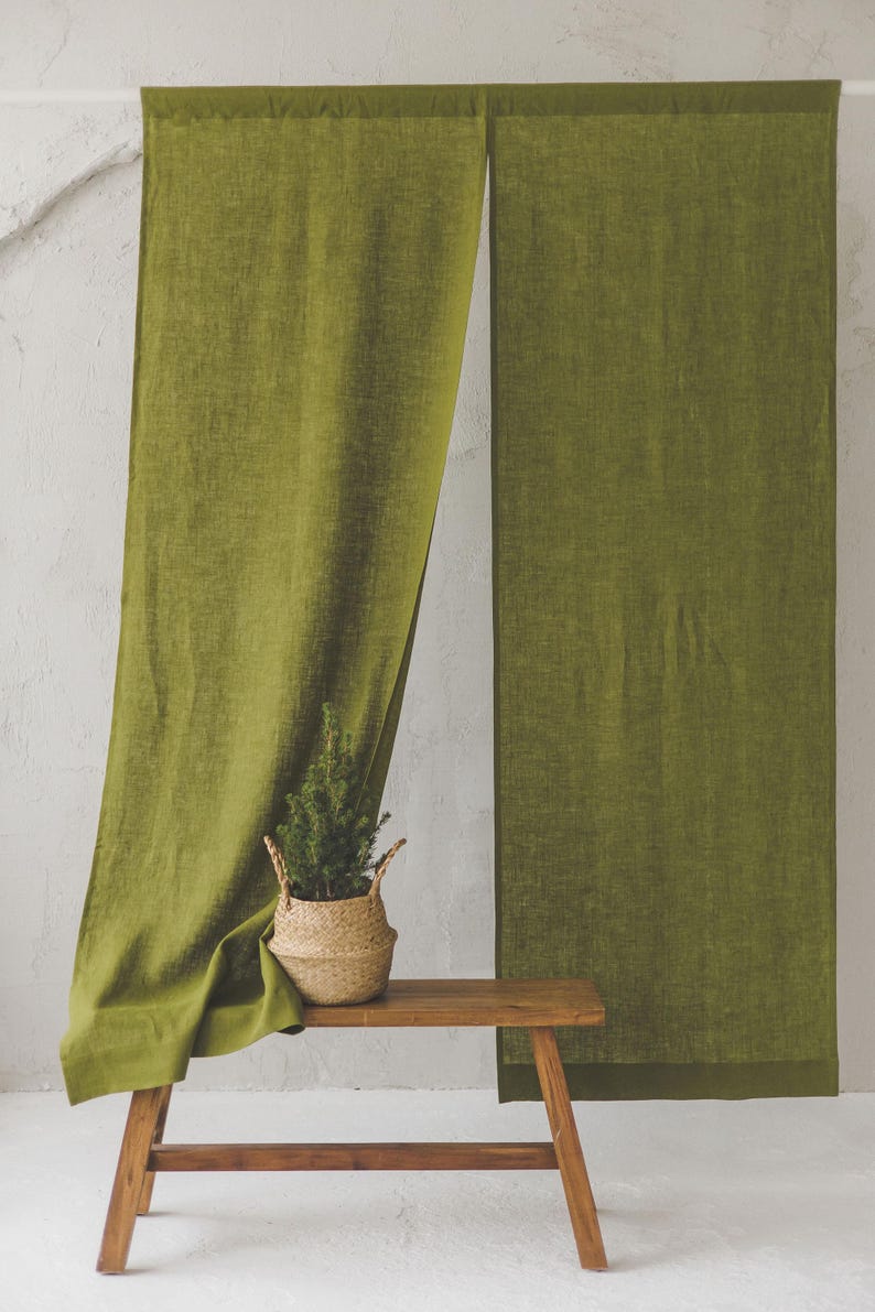 Forest Green Linen Noren Curtain, Handcrafted Japanese Room Divider, Elegant & Natural Home Decor, Eco-Friendly Linen Doorway Curtain. image 11