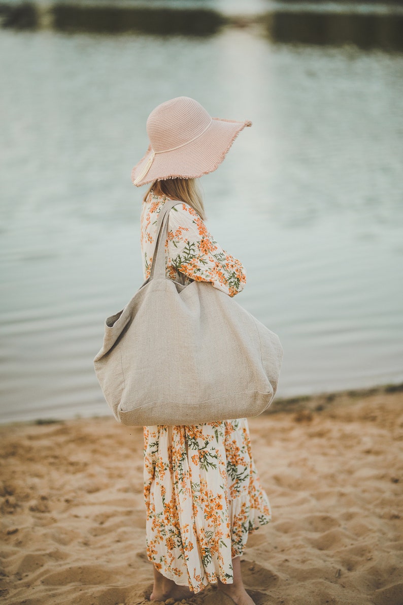 Große Leinen Strandtasche, Sommertasche aus natürlichem Leinen, Übergroße Leinentasche mit Futter, handgemachte Leinentasche, natürliche Strandtasche, Öko-Tasche. Bild 4