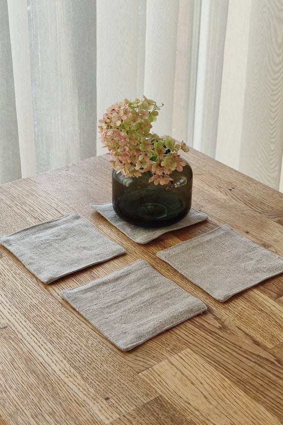 Natural linen coasters, Handmade cup coasters, Rustic natural fabric coasters, Undyed linen coasters, Durable double layer linen coasters.